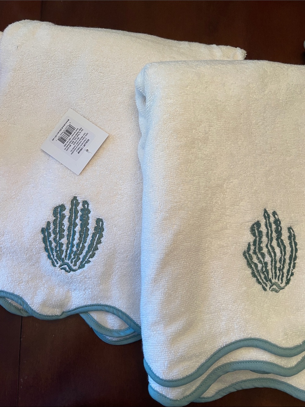 Threshold White Hand Towels with Teal Seaweed Embroidery - Set of 2